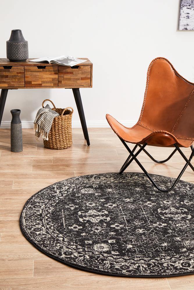 Evoke Estella Charcoal Transitional Round Rug - Cozy Rugs Australia