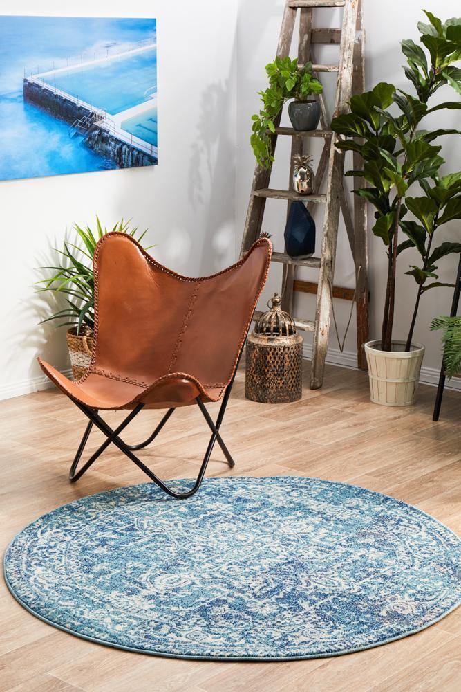 Evoke Muse Blue Transitional Round Rug - Cozy Rugs Australia