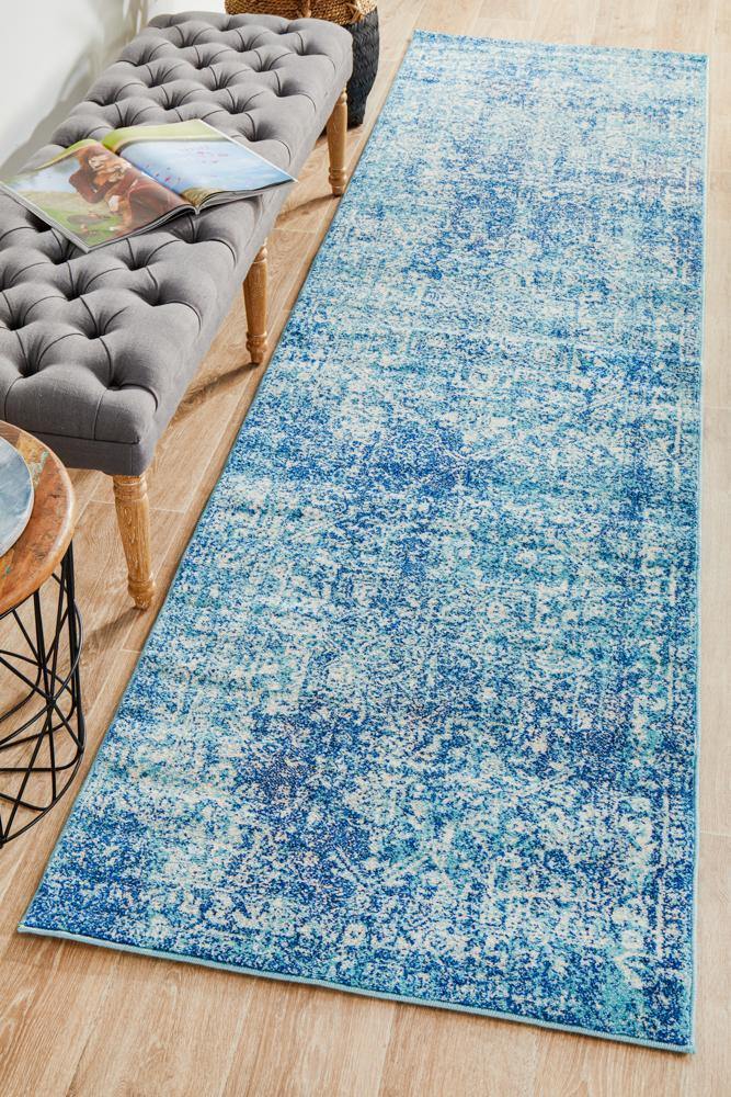 Evoke Muse Blue Transitional Runner Rug - Cozy Rugs Australia