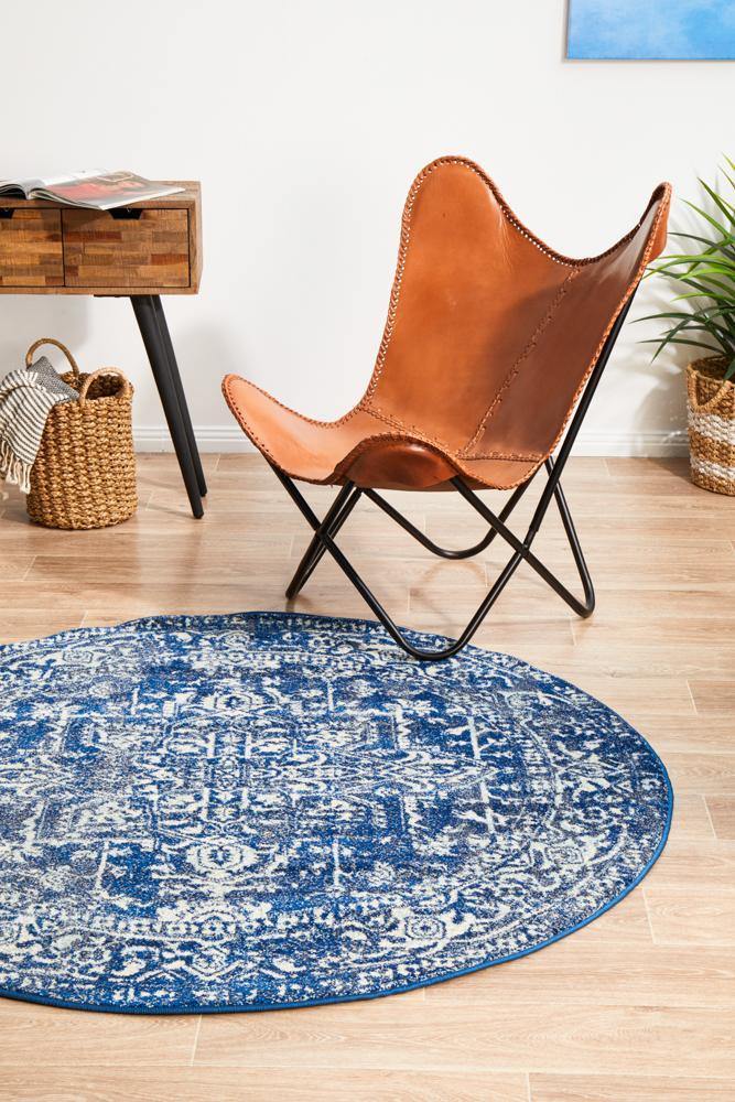 Evoke Contrast Navy Transitional Round Rug - Cozy Rugs Australia
