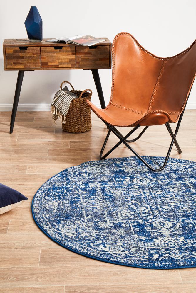 Evoke Contrast Navy Transitional Round Rug - Cozy Rugs Australia