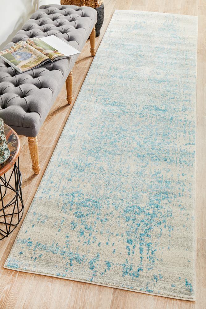 Evoke Glacier White Blue Transitional Runner Rug - Cozy Rugs Australia