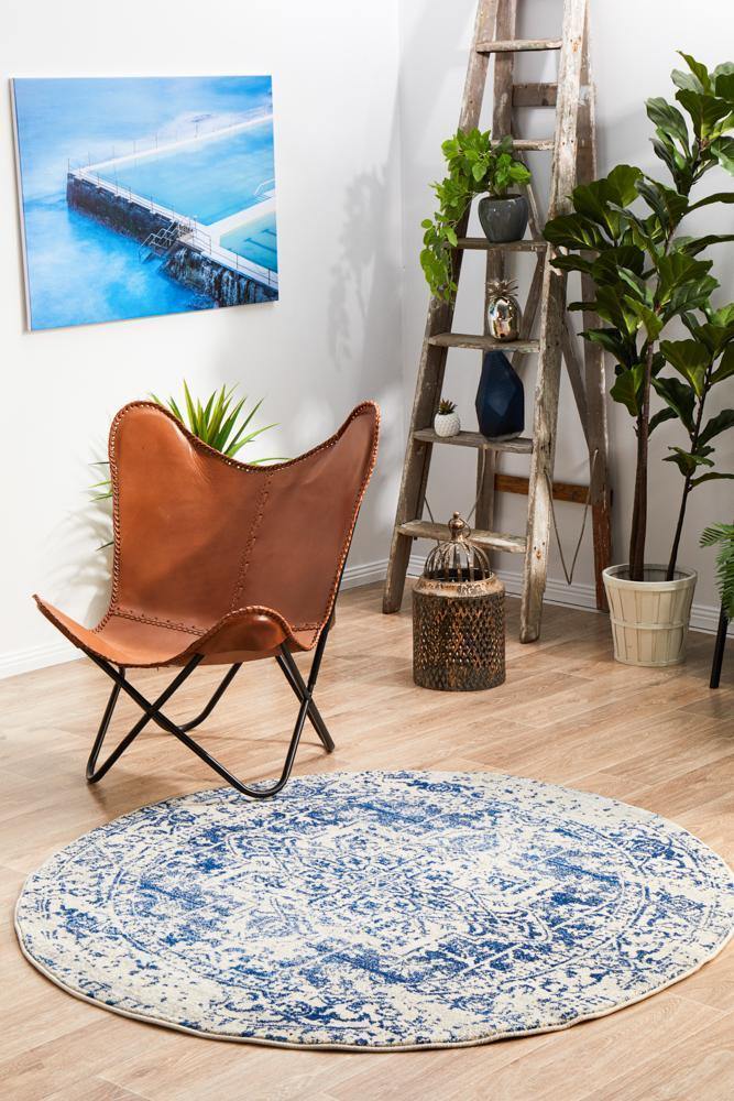 Evoke Horizon White Navy Transitional Round Rug - Cozy Rugs Australia