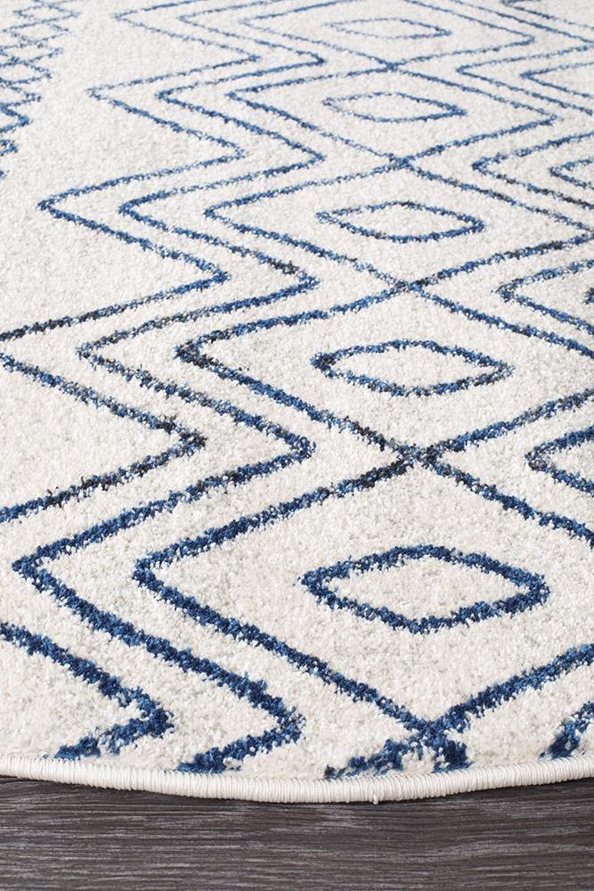 Oasis Nadia White Blue Rustic Tribal Round Rug - Cozy Rugs Australia
