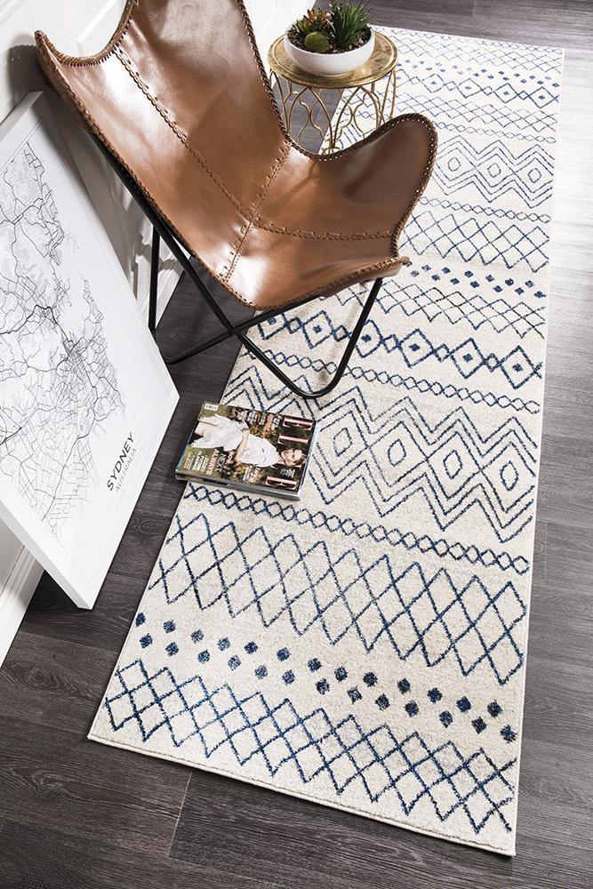 Oasis Nadia White Blue Rustic Tribal Runner Rug - Cozy Rugs Australia