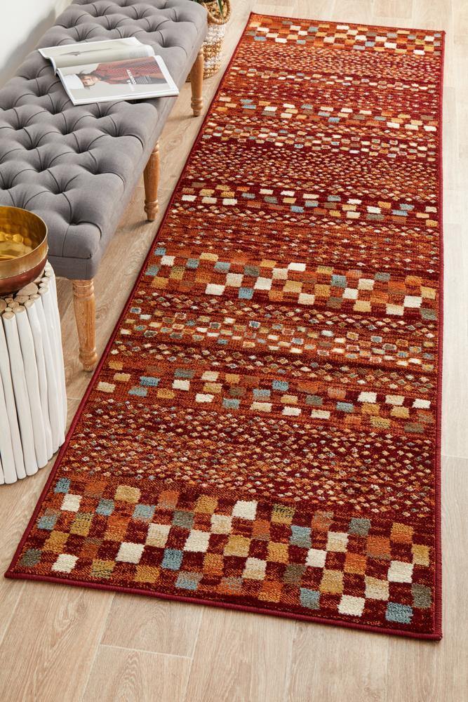 Oxford Mayfair Squares Rust Runner Rug - Cozy Rugs Australia