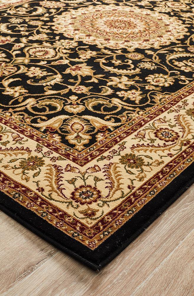 Sydney Collection Medallion Rug Black with Ivory Border - Cozy Rugs Australia