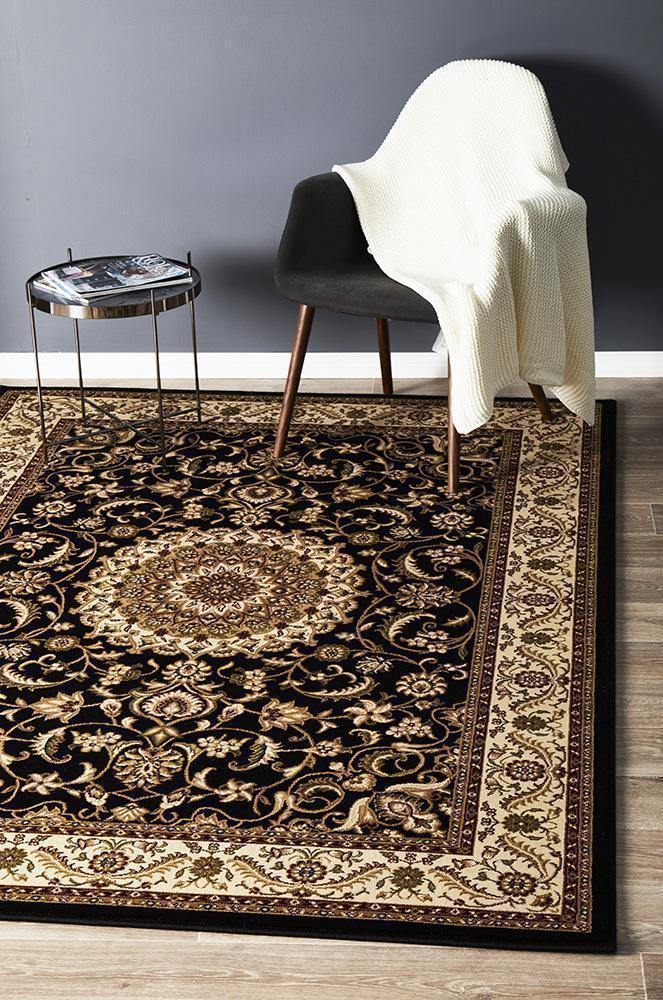 Sydney Collection Medallion Rug Black with Ivory Border - Cozy Rugs Australia