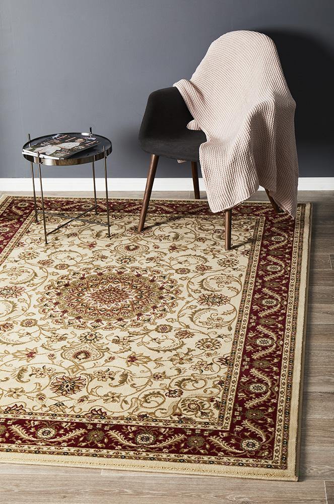 Sydney Collection Medallion Rug Ivory with Red Border - Cozy Rugs Australia