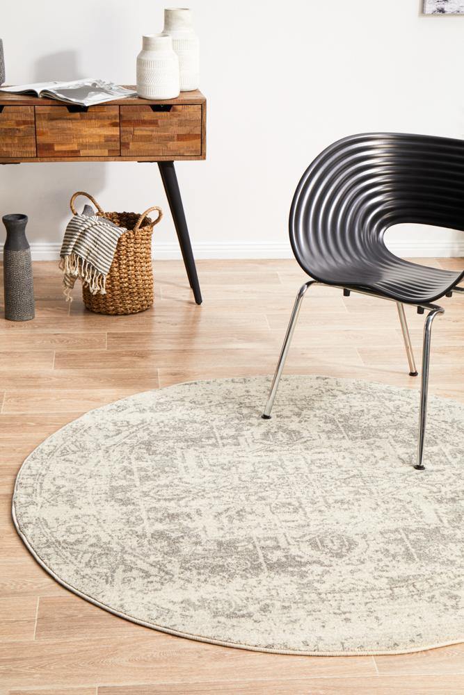 Evoke Dream White Silver Transitional Round Rug - Cozy Rugs Australia