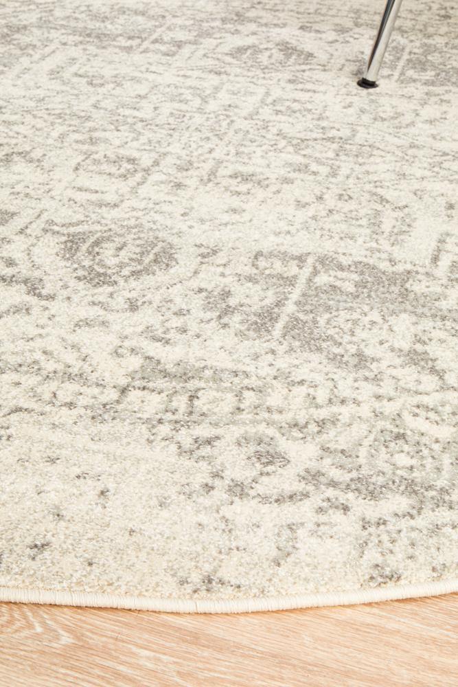 Evoke Dream White Silver Transitional Round Rug - Cozy Rugs Australia