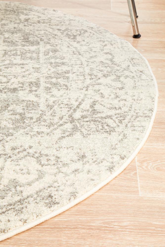 Evoke Dream White Silver Transitional Round Rug - Cozy Rugs Australia