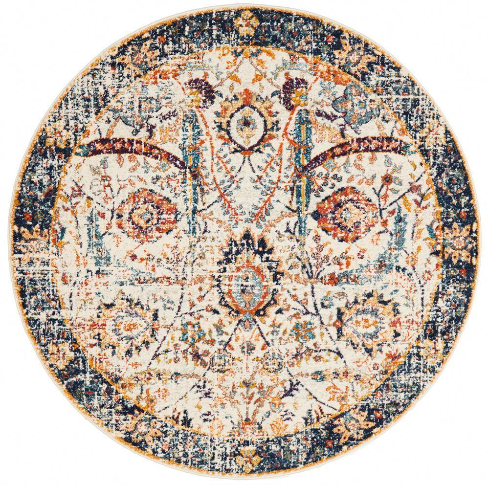 Evoke Peacock Ivory Transitional Round Rug - Cozy Rugs Australia