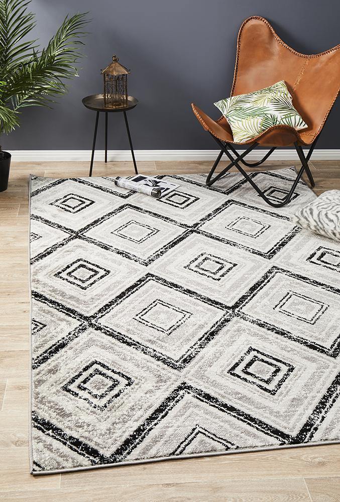 Sabrina Geo Diamonds Rug Grey Black - Cozy Rugs Australia