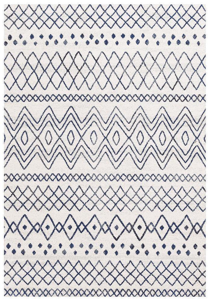 Oasis Nadia White Blue Rustic Tribal Rug - Cozy Rugs Australia