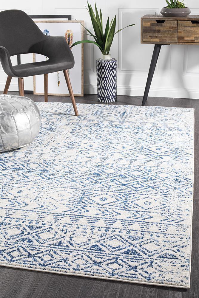Oasis Ismail White Blue Rustic Rug - Cozy Rugs Australia