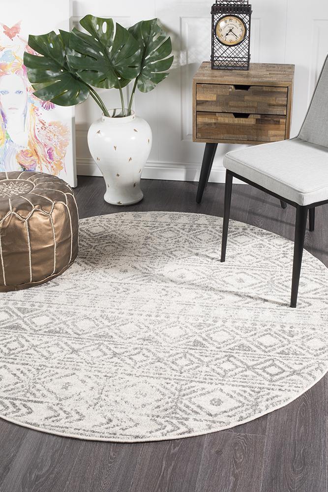 Oasis Ismail White Grey Rustic Round Rug - Cozy Rugs Australia