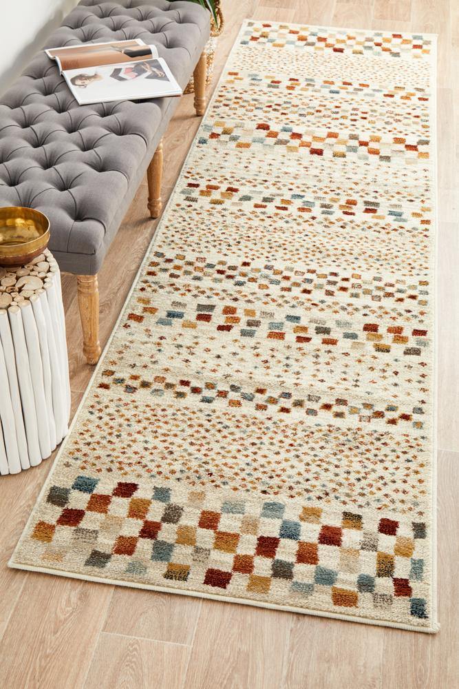 Oxford Mayfair Squares Bone Runner Rug - Cozy Rugs Australia