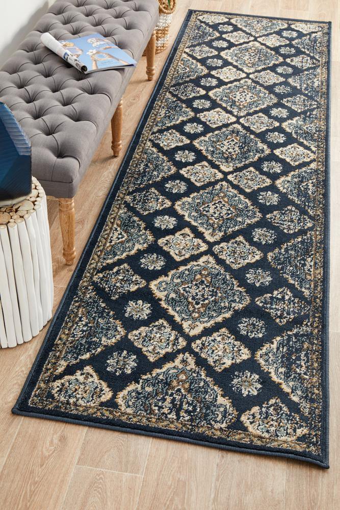 Oxford Mayfair Timeline Navy Runner Rug - Cozy Rugs Australia