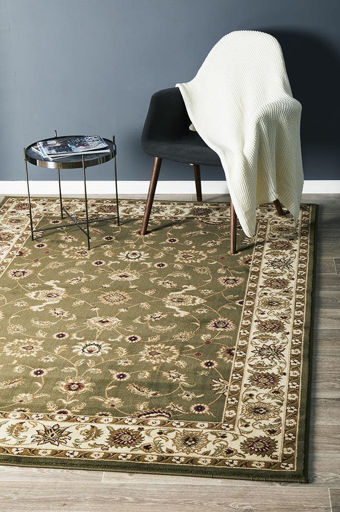 Sydney Collection Classic Rug Green with Ivory Border - Cozy Rugs Australia