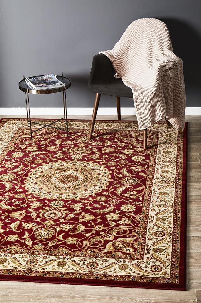 Sydney Collection Medallion Rug Red with Ivory Border - Cozy Rugs Australia