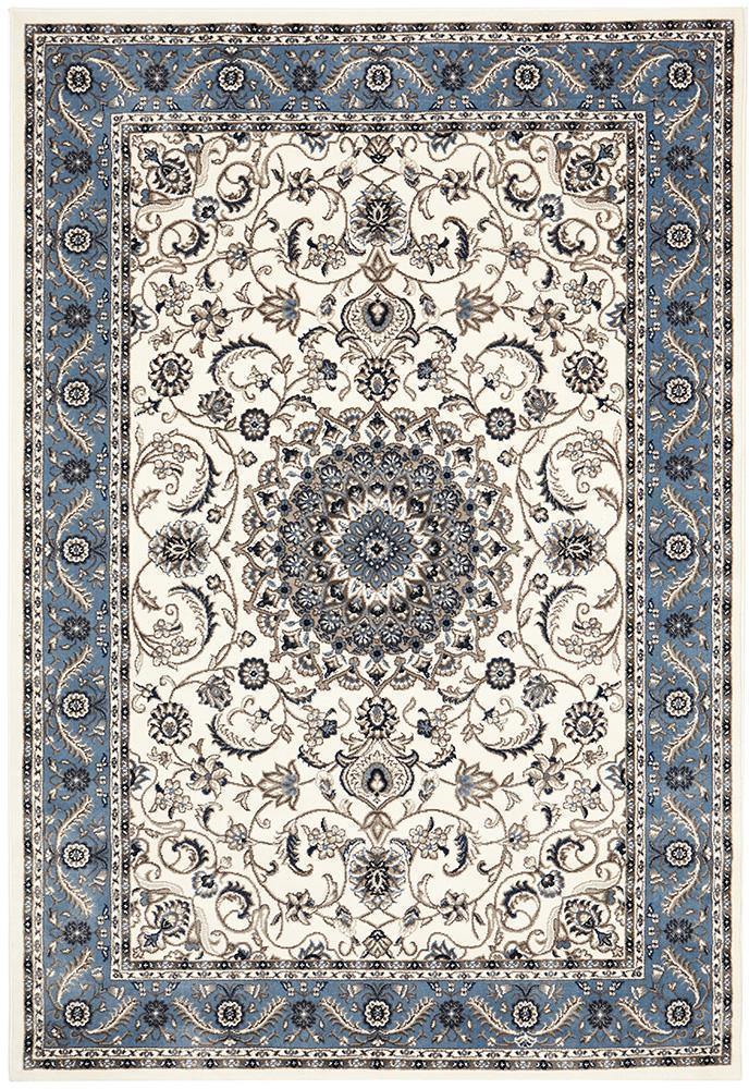 Sydney Collection Medallion Rug White with Blue Border - Cozy Rugs Australia